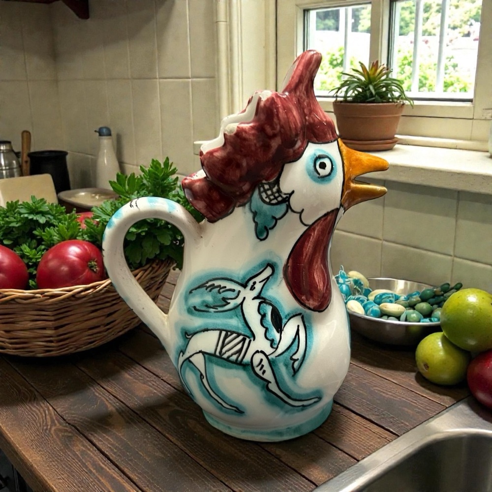 Vintage Italian Handpainted Creamer Vtg 5 1/2"Tx 5"W Rooster